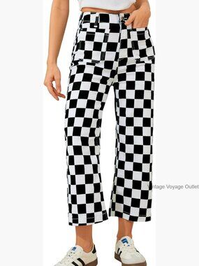 Cropped Checkered Jeans for Women High Waisted Straight Leg Stretchy Pants with